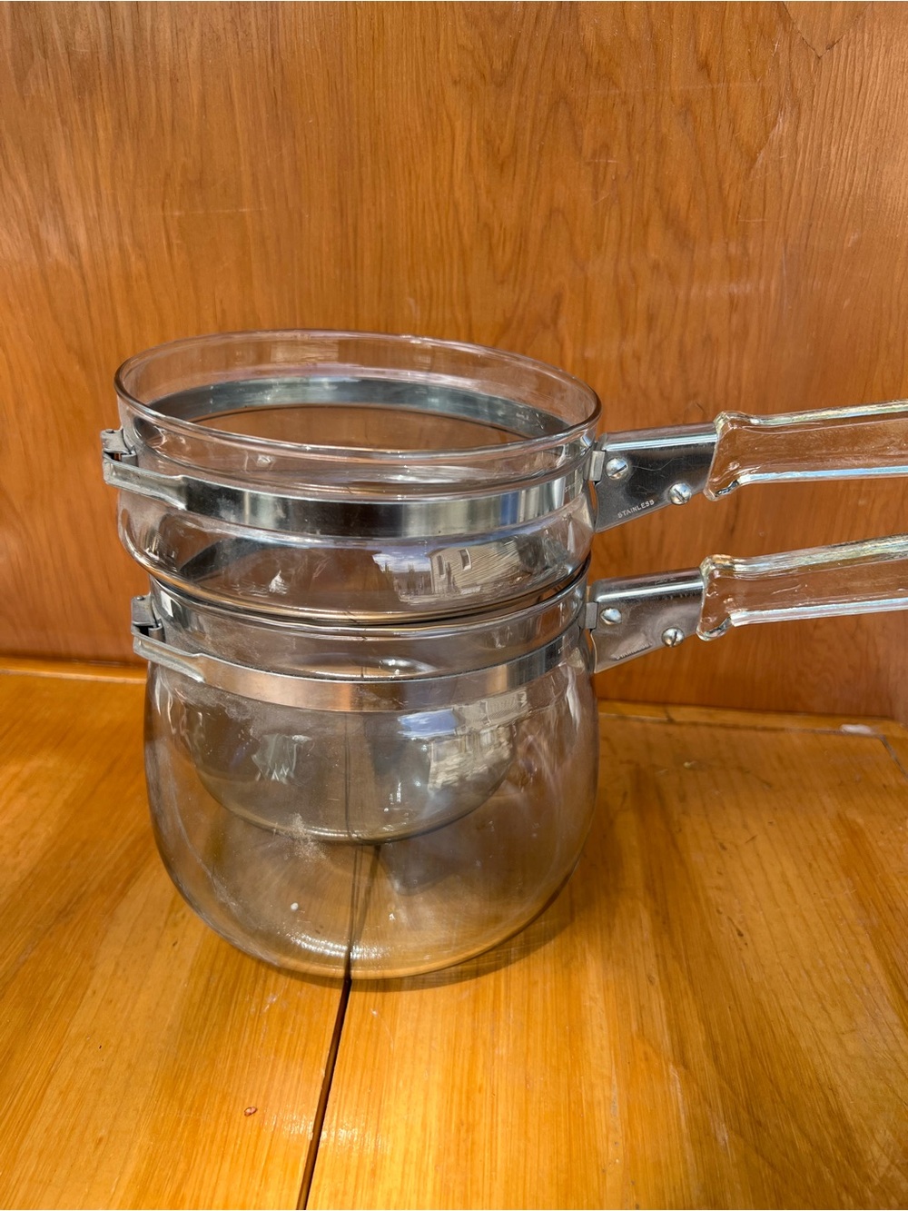 Stackable Glass Double Boiler / Saucepan Set - Clear Glass with Silver Trim